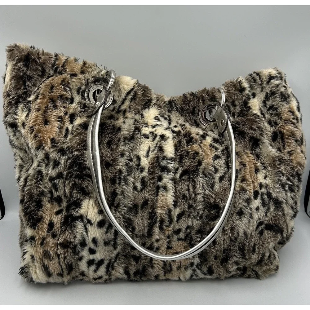 B Makowsky Leopard Print Faux Fur Shoulder Bag Silver Leather Trim Y2K Hobo